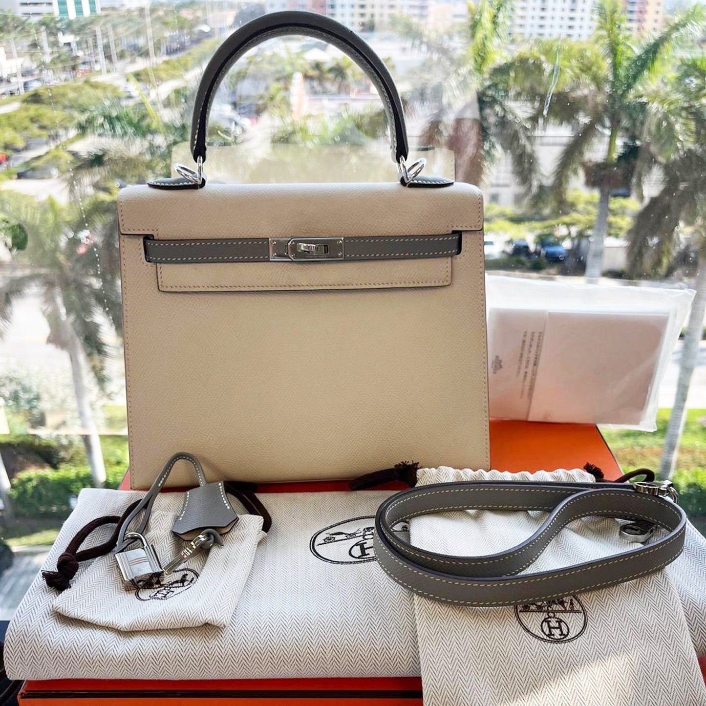 Hermes HSS Kelly Sellier 25 Craie and Gris Mouette Epsom Brushed Palladium Hardware