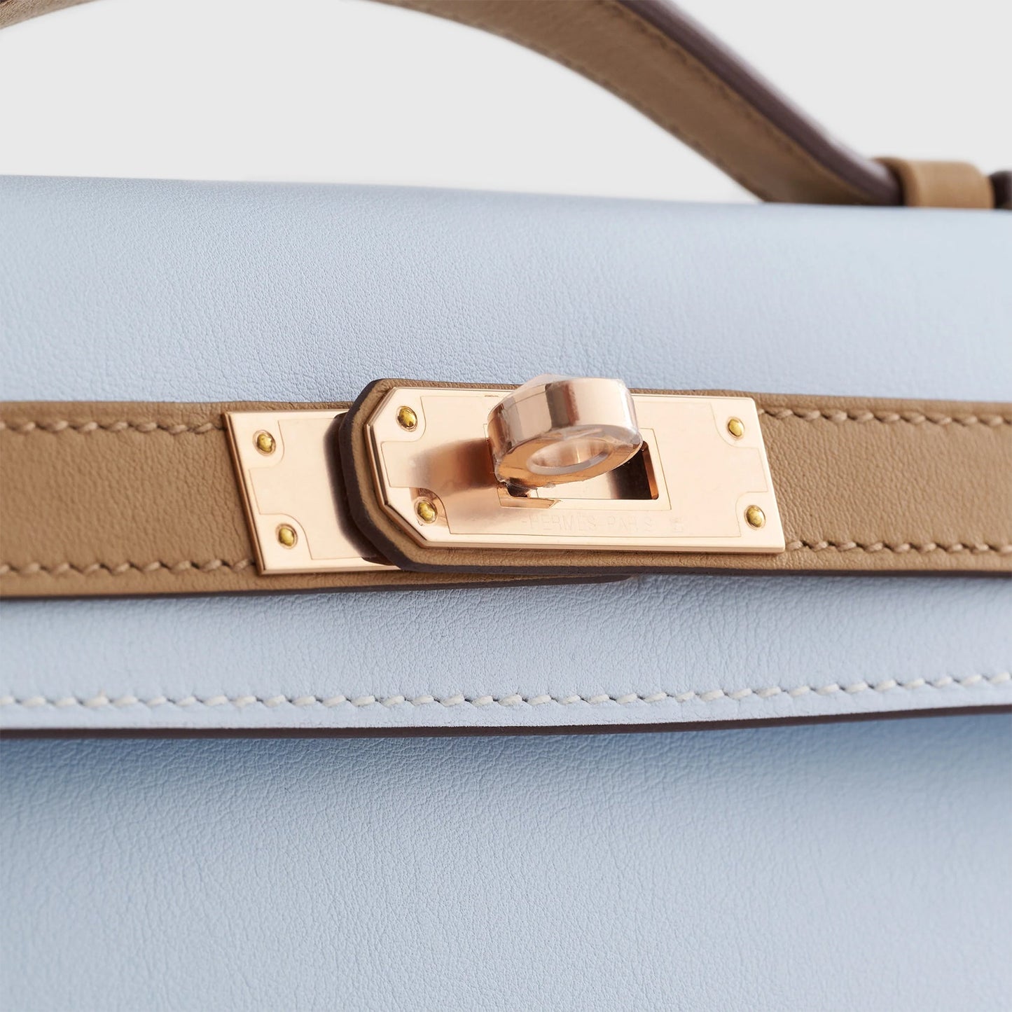 Hermès Kelly Cut Swift Blue Brume/Biscuit Rose Gold Hardware HSS
