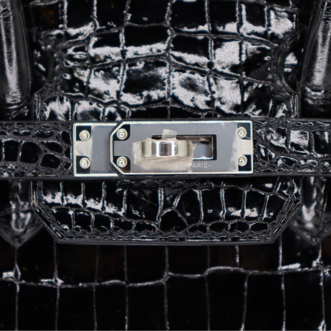 Hermès 25cm Birkin Black Shiny Porosus Crocodile Palladium Hardware