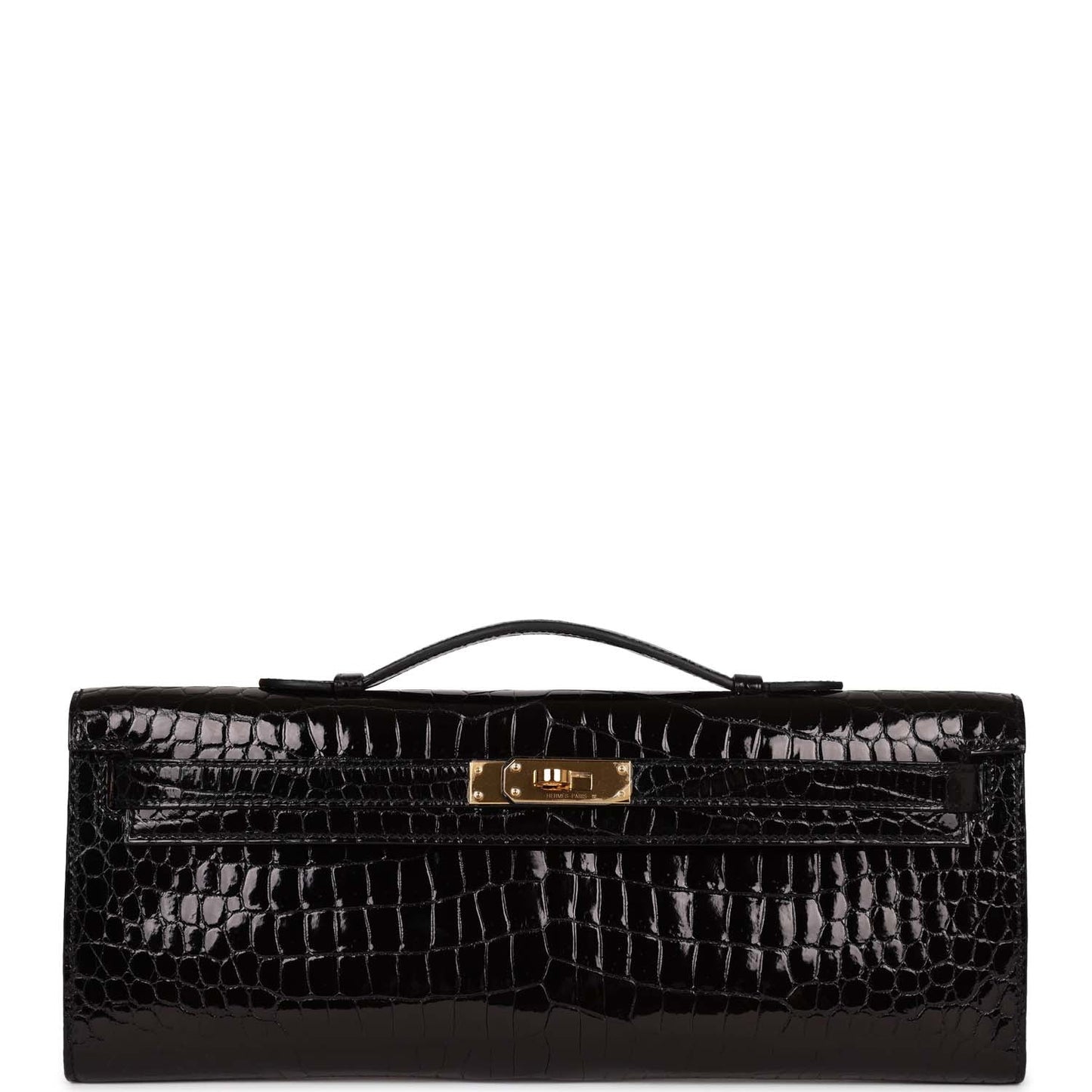 Hermès Kelly Cut Black Shiny Porosus Crocodile Gold Hardware