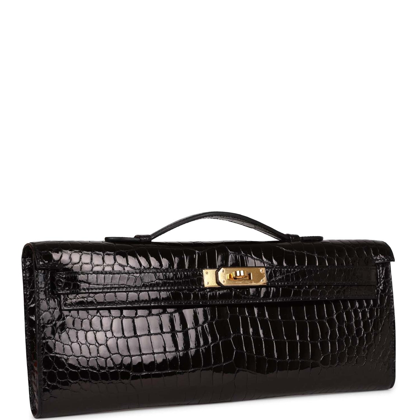 Hermès Kelly Cut Black Shiny Porosus Crocodile Gold Hardware