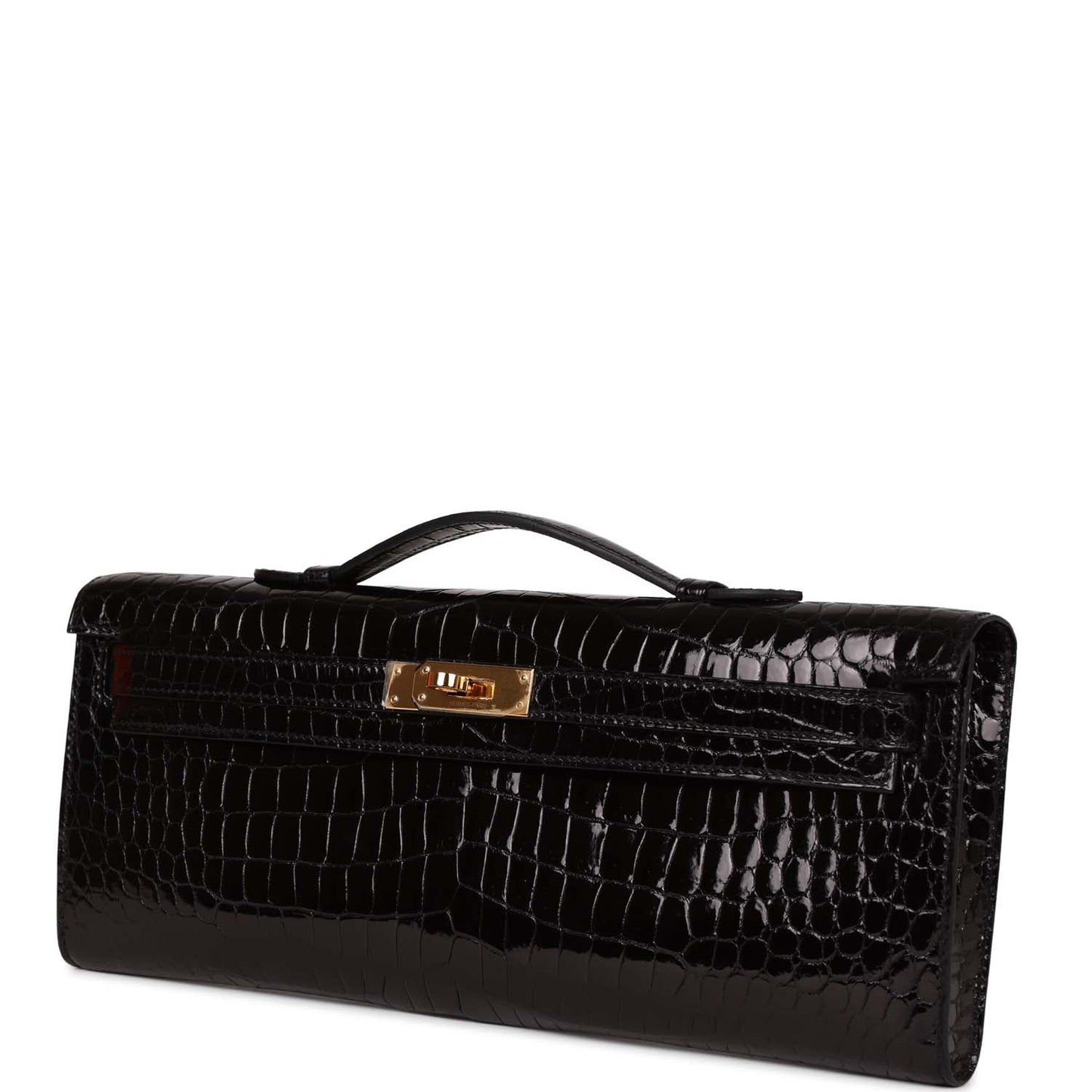 Hermès Kelly Cut Black Shiny Porosus Crocodile Gold Hardware