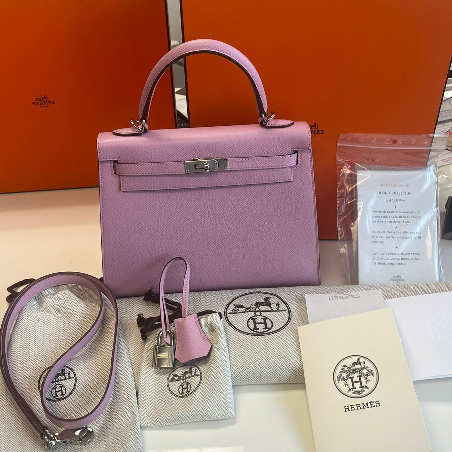 Hermes Kelly II Sellier 25 Epsom Calfskin Mauve Sylvester Palladium Hardware