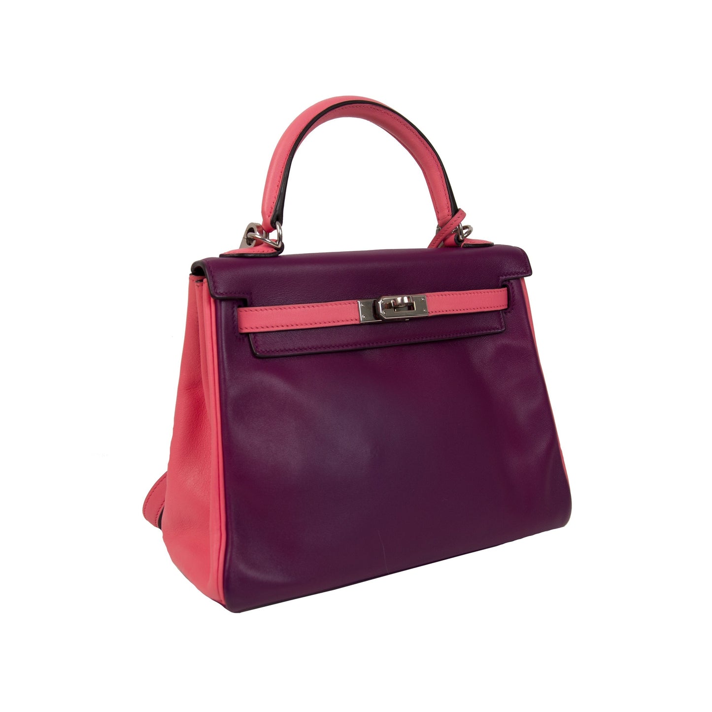Hermes Kelly 25 Retourne Bubblegum & Purple Swift Leather with Palladium Hardware