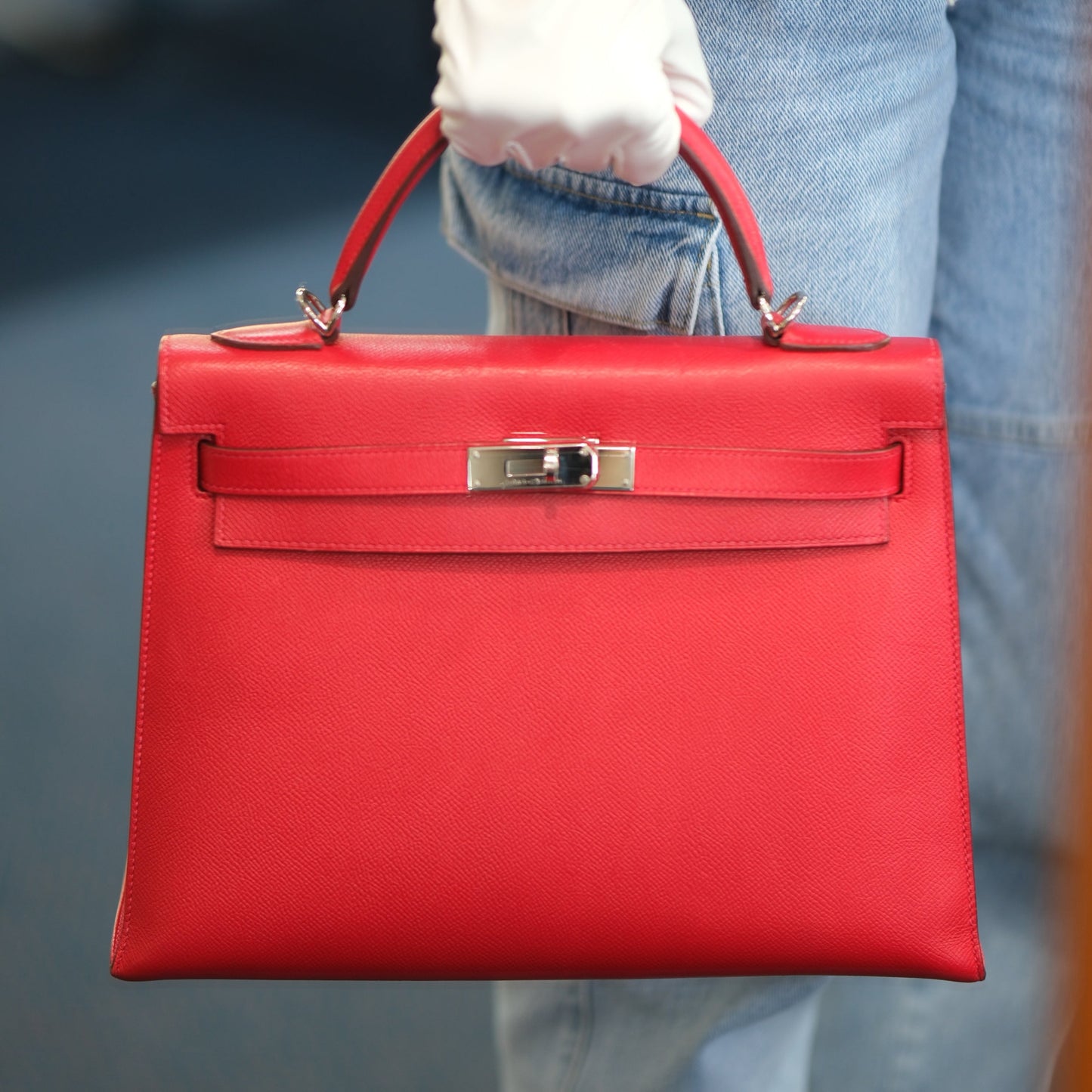 Hermes Kelly 32 Sellier Rouge Epsom with Palladium Hardware