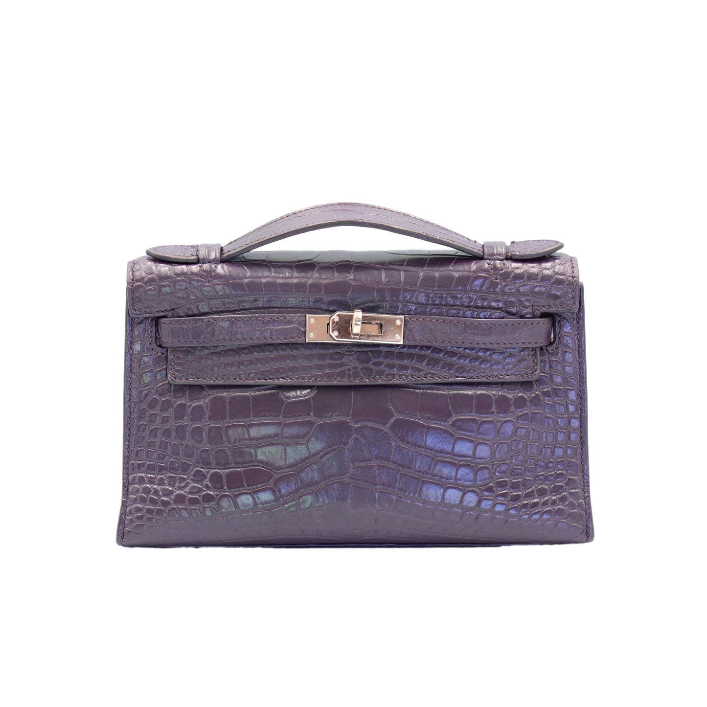 Hermes Kelly Pochette Prunoir Matte Alligator with Palladium Hardware