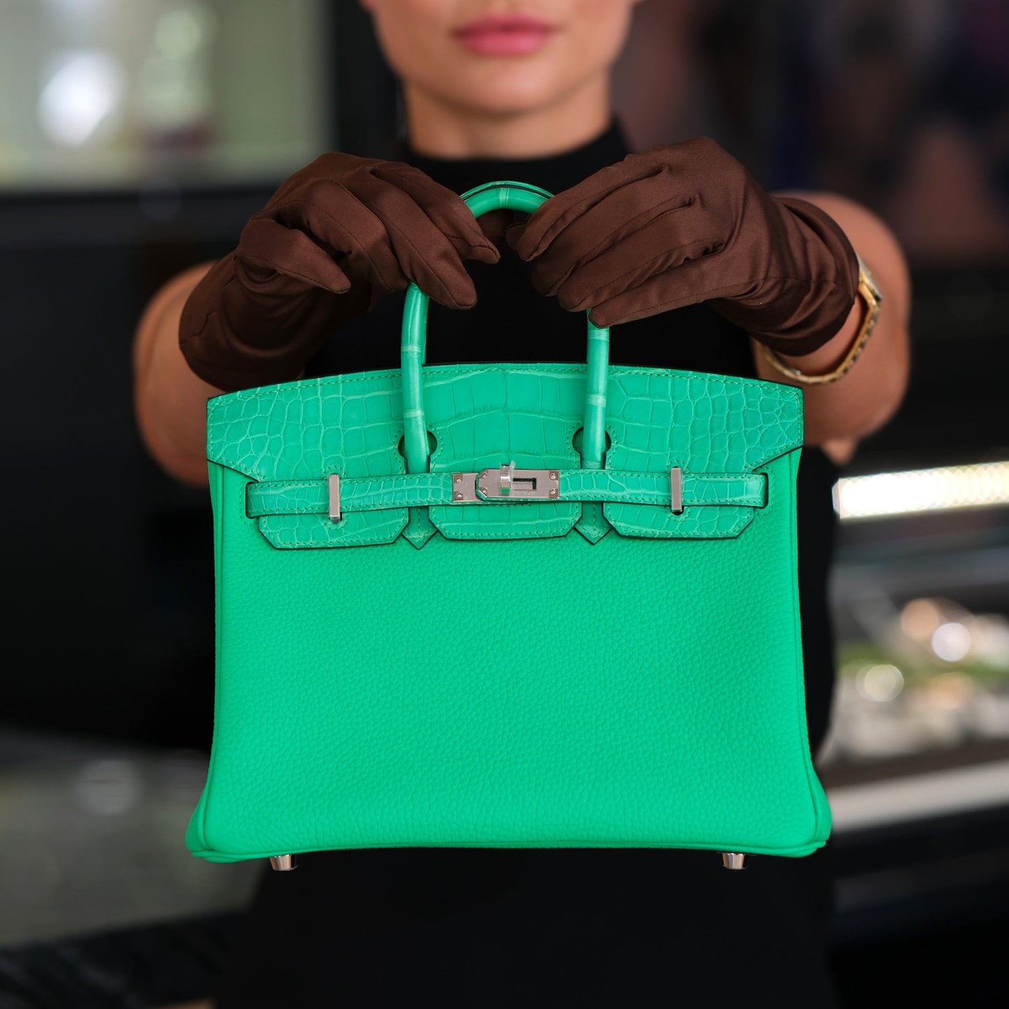 Hermes Birkin 25 Vert Comics Togo and Matte Alligator Touch with Palladium Hardware