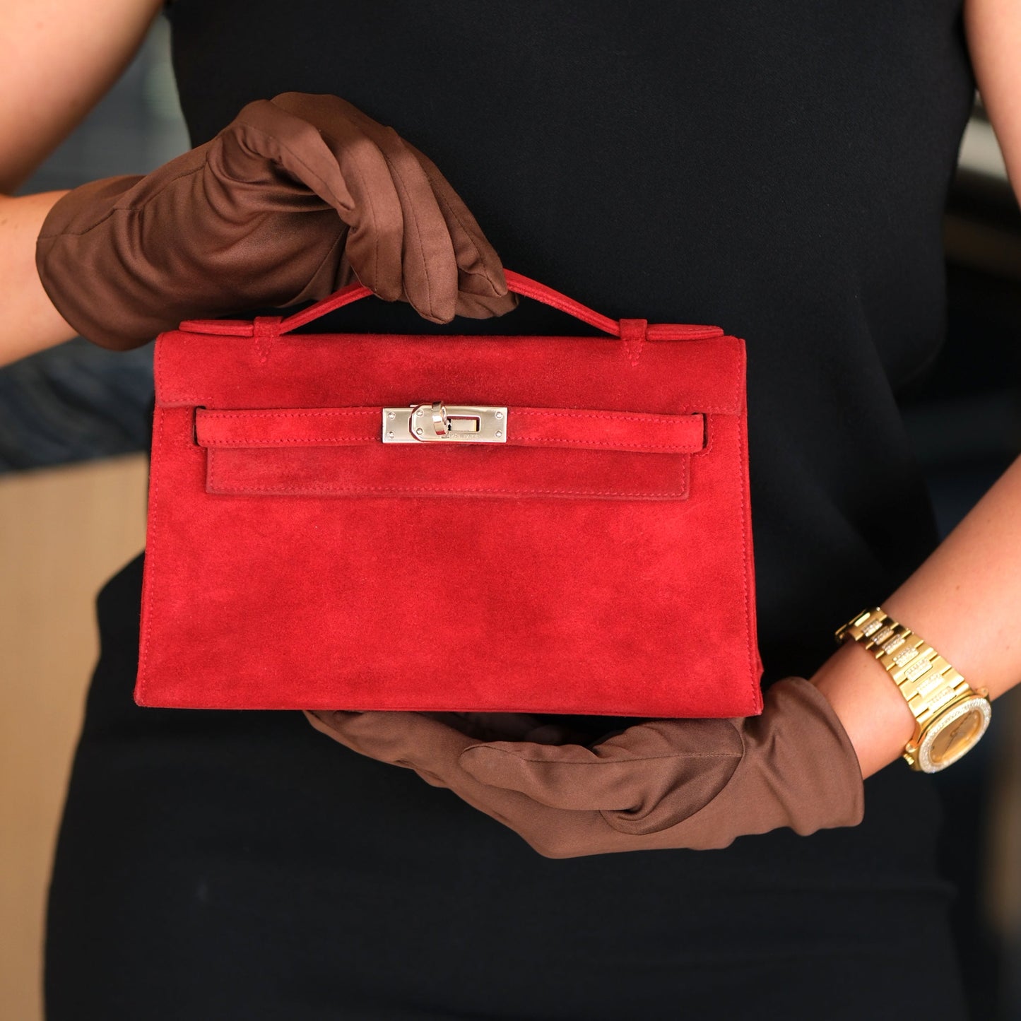Hermes Kelly Pochette Rubis Veau Doblis Suede with Palladium Hardware