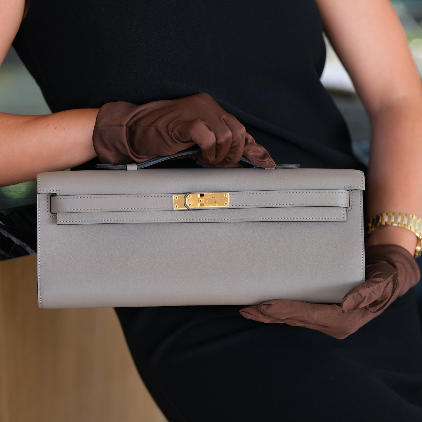 Hermes Kelly Cut Gris Asphalt Swift with Gold Hardware