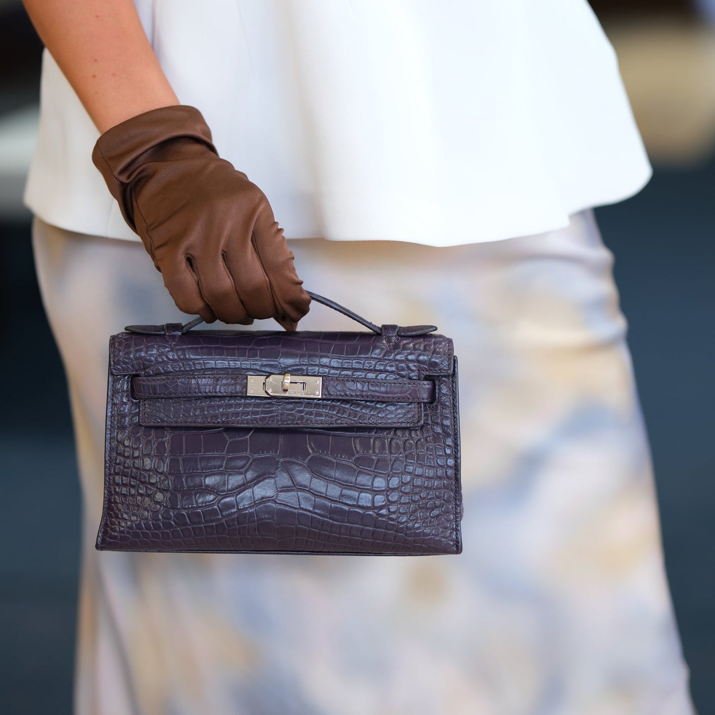 Hermes Kelly Pochette Prunoir Matte Alligator with Palladium Hardware