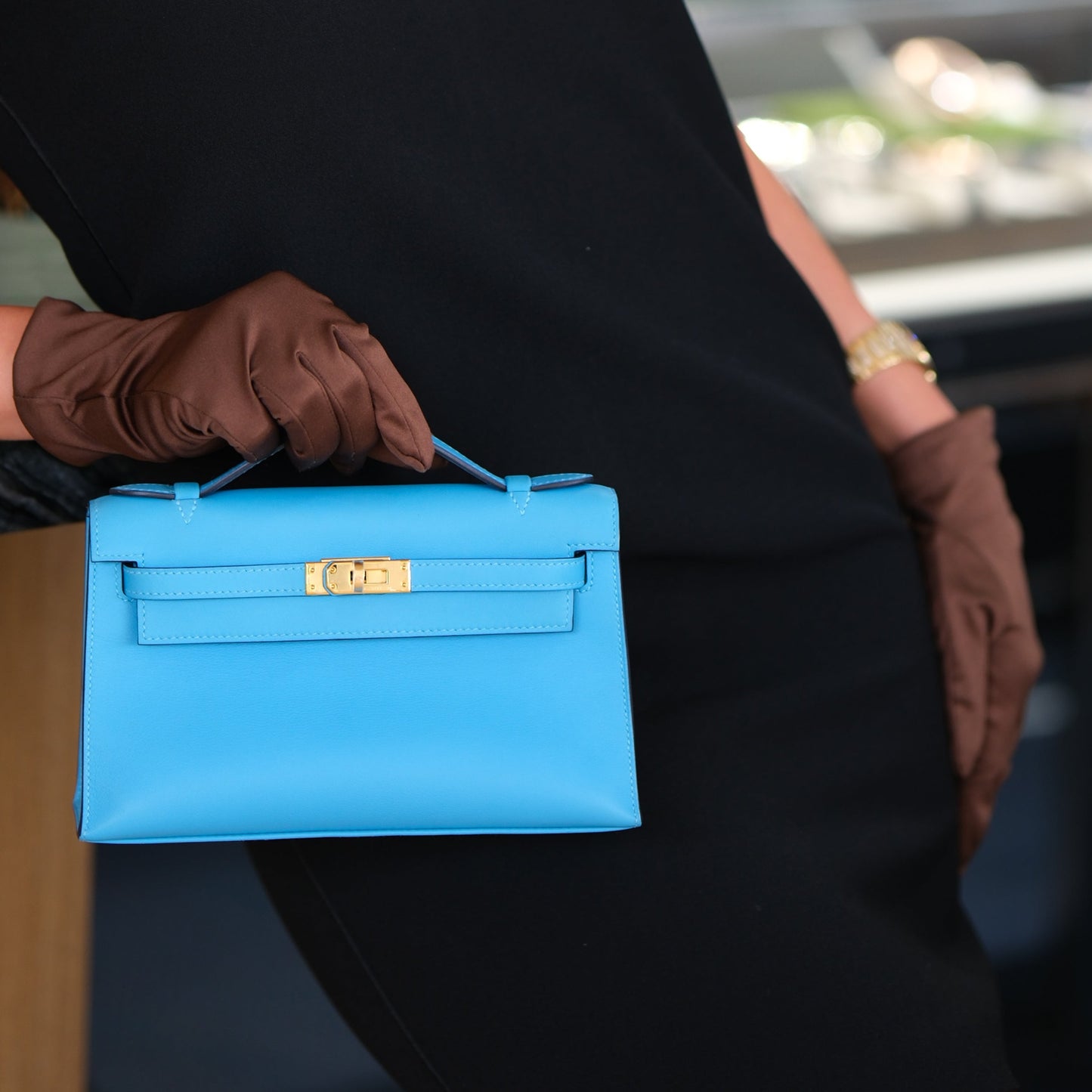 Hermes Kelly Pochette Celeste Swift with Gold Hardware