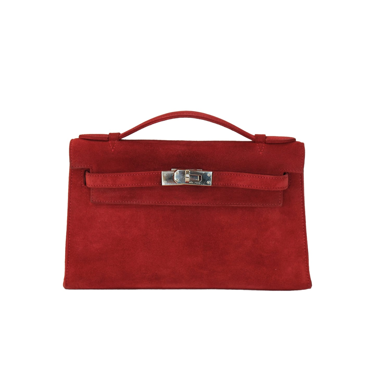 Hermes Kelly Pochette Rubis Veau Doblis Suede with Palladium Hardware