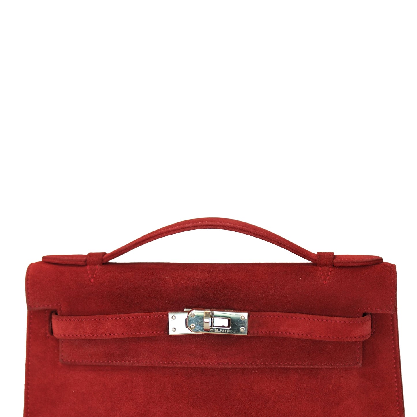 Hermes Kelly Pochette Rubis Veau Doblis Suede with Palladium Hardware