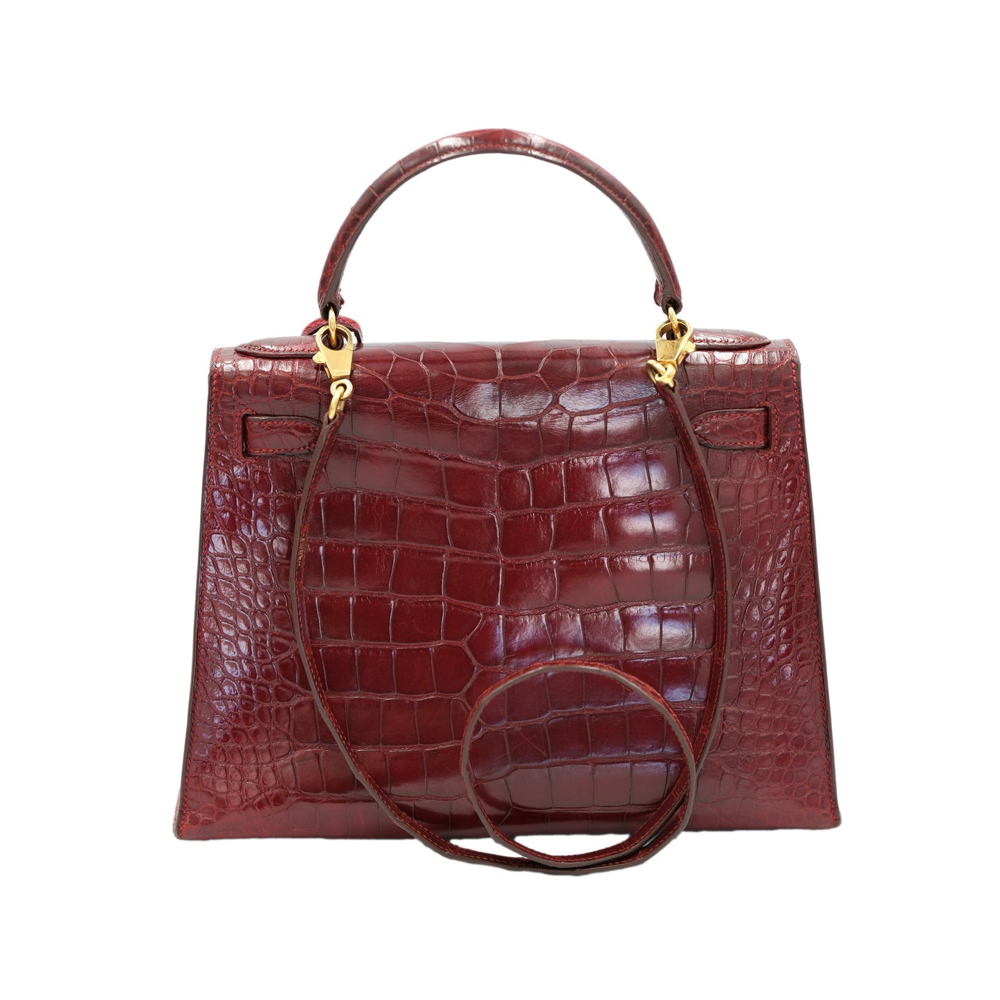 Hermes Kelly 28 Sellier Burgundy Shiny Alligator with Gold Hardware