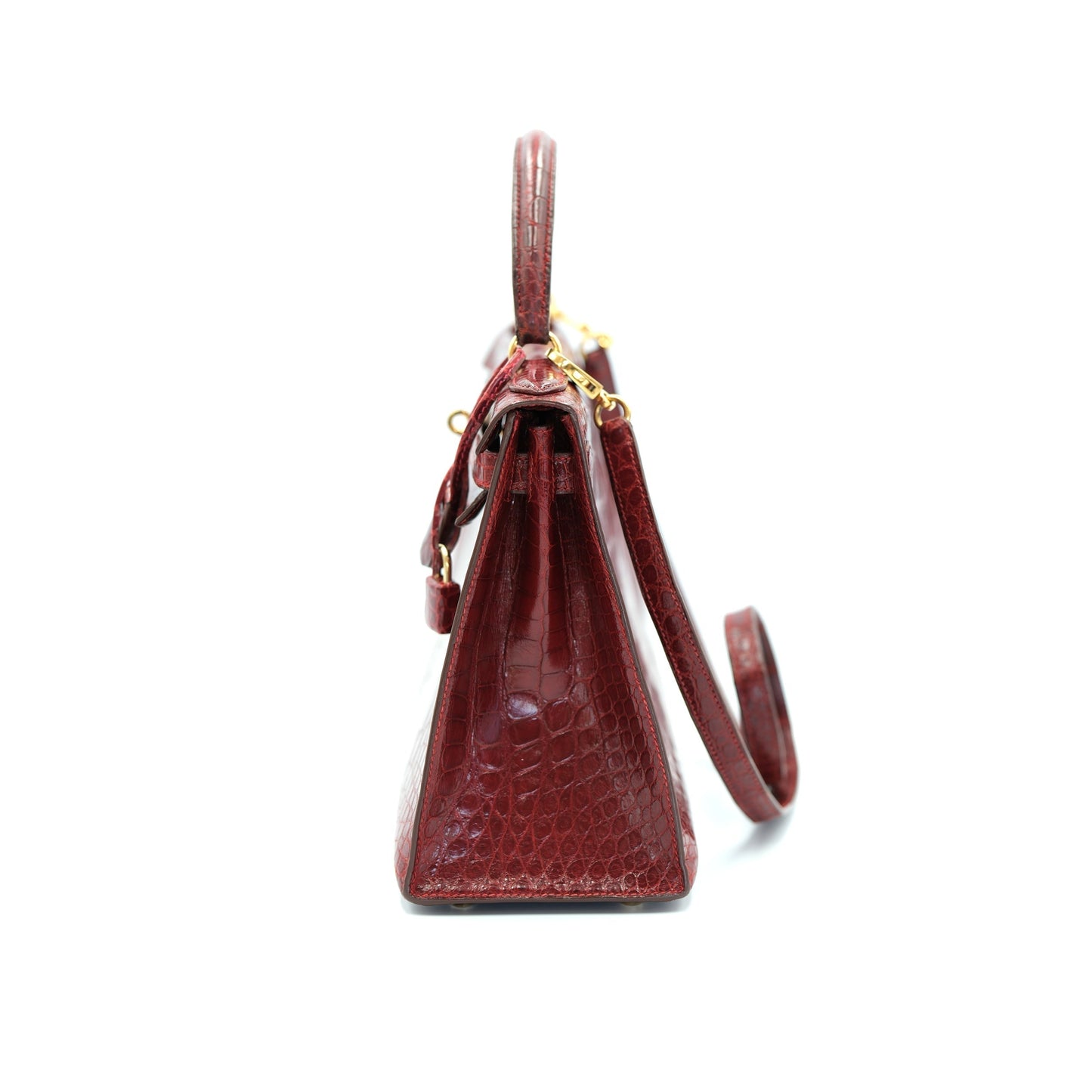 Hermes Kelly 28 Sellier Burgundy Shiny Alligator with Gold Hardware