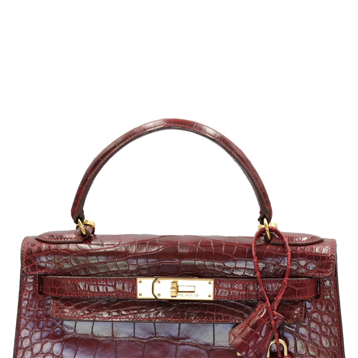 Hermes Kelly 28 Sellier Burgundy Shiny Alligator with Gold Hardware