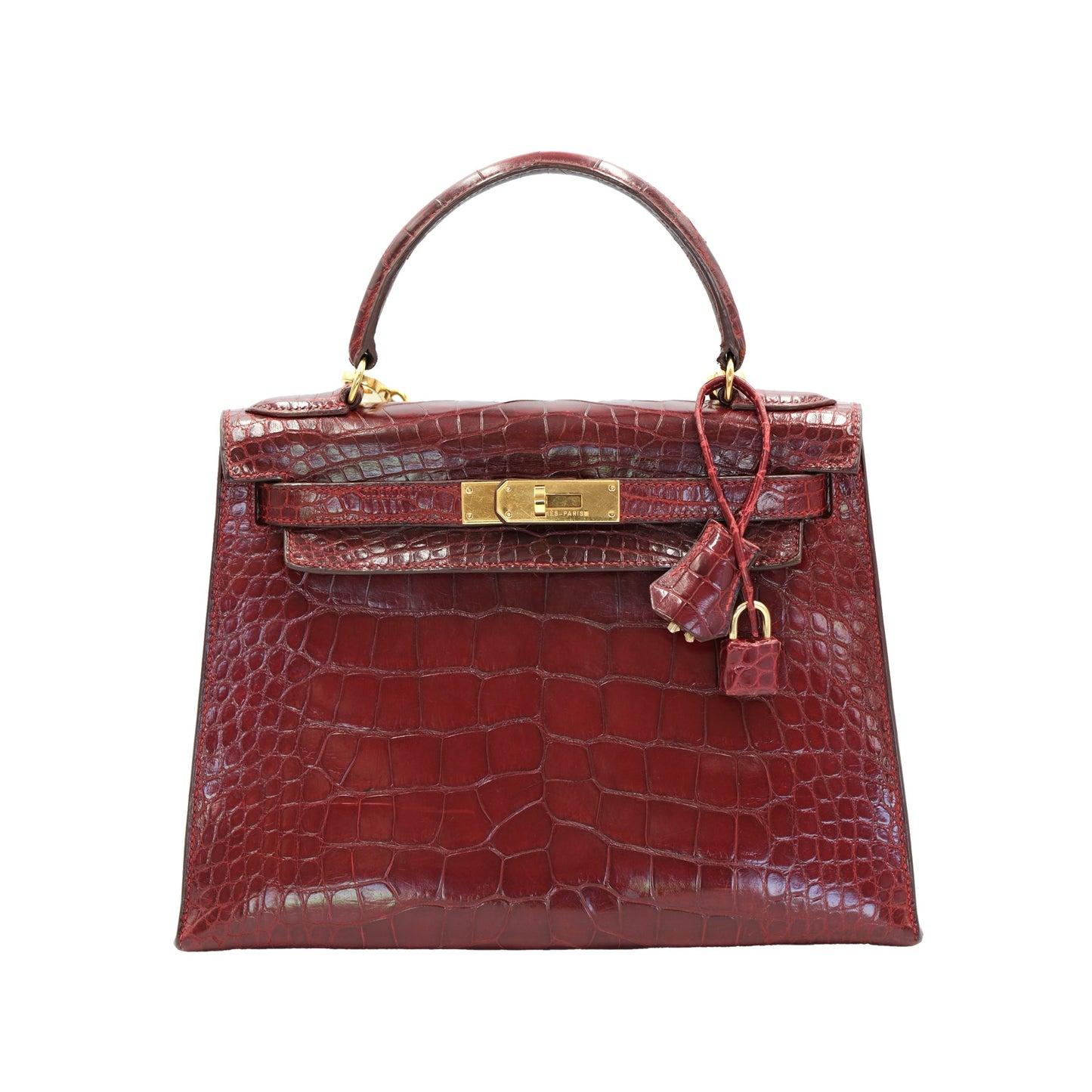 Hermes Kelly 28 Sellier Burgundy Shiny Alligator with Gold Hardware